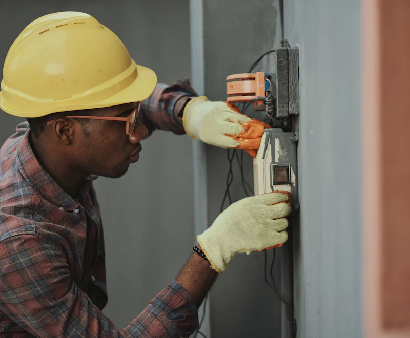 An electrician in a hard hat and gloves working on wiring